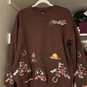 Disney Cowboy Embroidered Mickey Mouse Brown Sweater